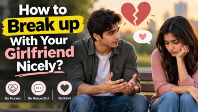 Couple having an emotional breakup conversation on a park bench, with a broken heart symbol and tips to be honest, respectful, and kind