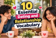 Young couple in casual summer clothing smiling at each other at an outdoor café, with hearts and the title “10 Essential Dating and Relationship Vocabulary.