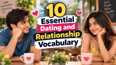 Young couple in casual summer clothing smiling at each other at an outdoor café, with hearts and the title “10 Essential Dating and Relationship Vocabulary.