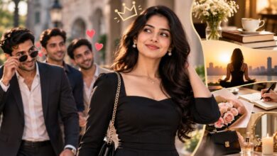 Elegant classy woman in black dress with pearl jewelry, surrounded by admirers and symbols of confidence, self-care, sophistication, romance, and refined lifestyle.