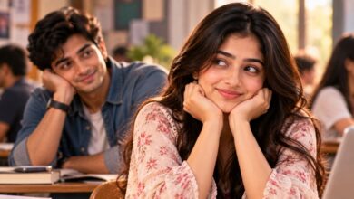 Young woman smiling shyly while a man secretly gazes at her in a cozy college setting, symbolizing signs of a crush, romantic interest, attraction, and hidden feelings